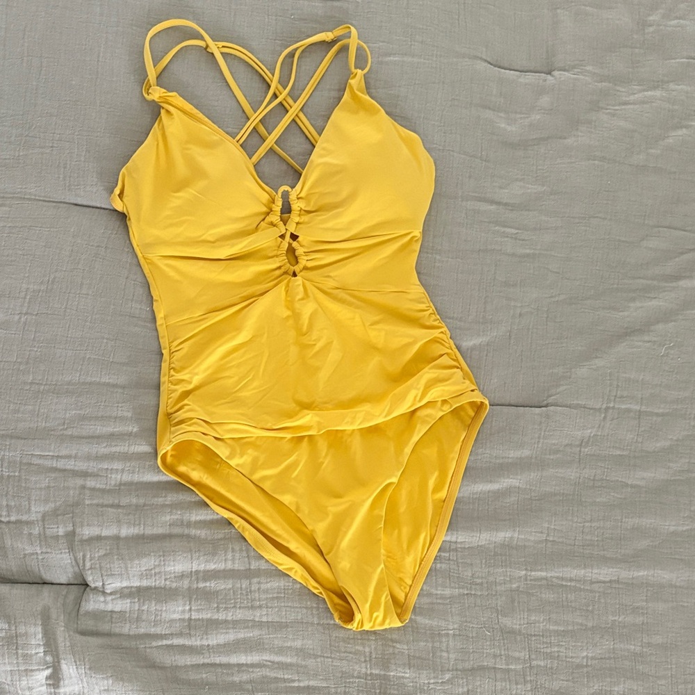 La Blanca Yellow Ruched One-Piece Swimsuit with Crisscross Straps